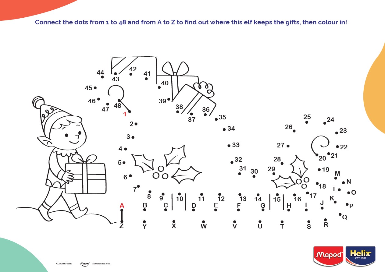 Complete the dot to dot to find where the elf is hiding the presents